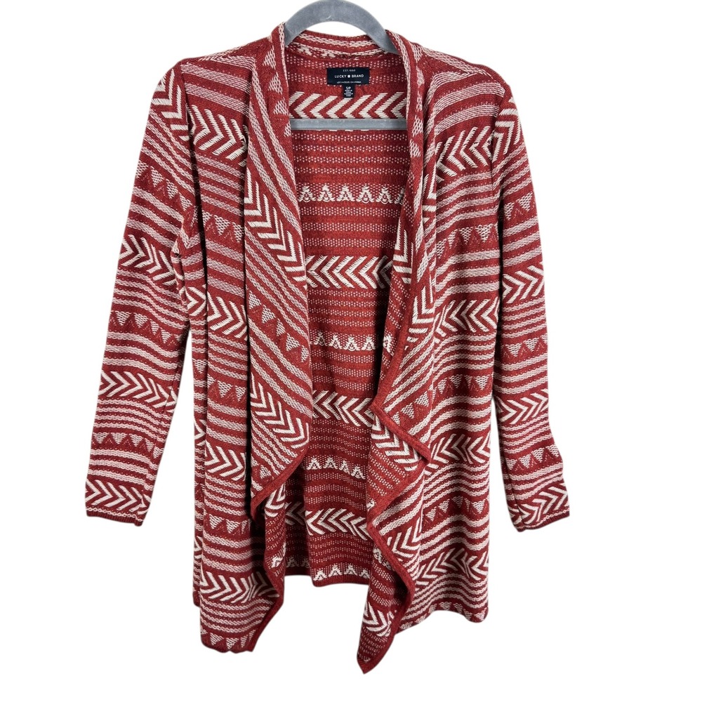 Lucky Brand Women Orange Geometric Aztec‎ Open Draped Front Cardigan Sweater S